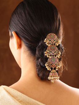 Priyaasi - Floral Kemp Mini Choti Gold Plated Multi Stones Hair Pin