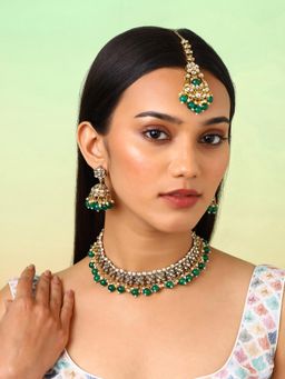 Priyaasi - Green Floral Beads Kundan Gold Plated Jewellery Set