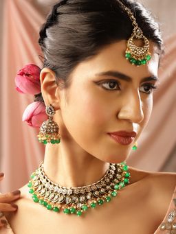 Priyaasi - Elegance Green Kundan Pearl Floral Style Jewellery Set