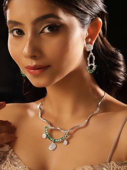Priyaasi - Elegance Green Stones Ad Silver Plated Jewellery Set