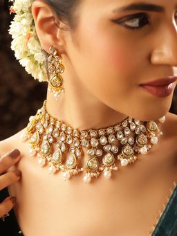 Priyaasi - Kundan Drop Style Pearl Gold Plated Jewellery Set