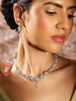 Priyaasi - Pink Floral American Diamond Silver Plated Jewellery Set