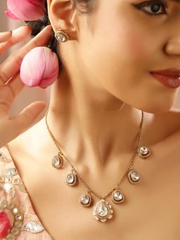 Priyaasi - Pink Elegance Floral Geometric Polki Styled Jewellery Set