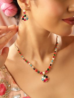 Priyaasi - Multi-Color Navaratna Styled Gold Plated Jewellery Set