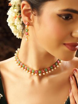 Priyaasi - Floral Multi-Color Floral Pearl Gold Plated Jewellery Set