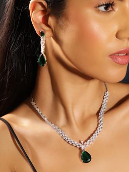 Priyaasi - Floral Drop Shaped Emerald American Diamond Silver Plated Jewellery Set