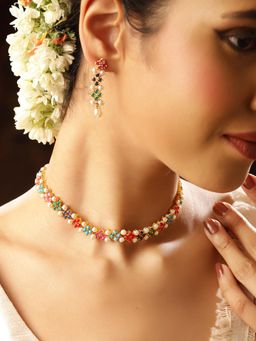 Priyaasi - Multi-Color Stones Pearl Floral Gold Plated Jewellery Set