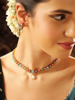 Priyaasi - Multi-Color Floral Fancy Gold Plated Jewellery Set