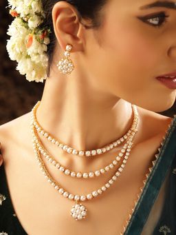 Priyaasi - Pearl Studded Three Layered Necklace and Drop Earrings Jewellery Set