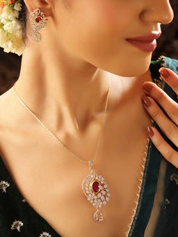 Priyaasi - Red Stones American Diamond Floral Jewellery Set