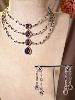 Priyaasi - Purple Stones Three Layered American Diamond Jewellery Set