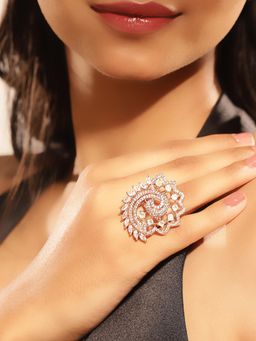 Priyaasi - Mint Green Stones American Diamond Peacock Rose Gold Plated Ring