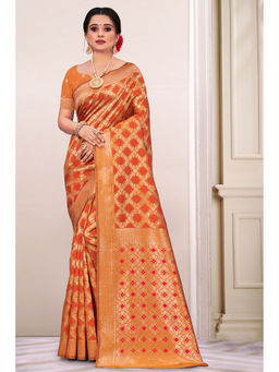 Sangam Prints - Orange Woven Zari Work Traditional Saree with Unstitched Blouse