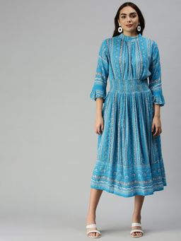 SHOWOFF - Women Abstract Turquoise Blue Fit and Flare Dress