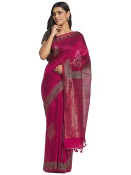 Fabindia - Magenta Hand Block Print Cotton Silk Saree