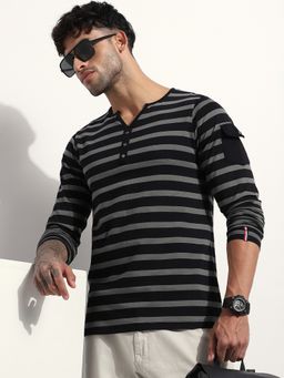 DILLINGER - Men Regular Fit Striped Long Sleeve Henley Grey T-Shirt