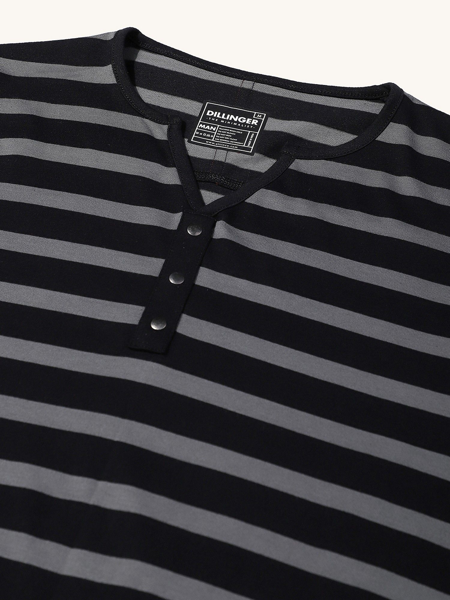 Men Regular Fit Striped Long Sleeve Henley Grey T-Shirt