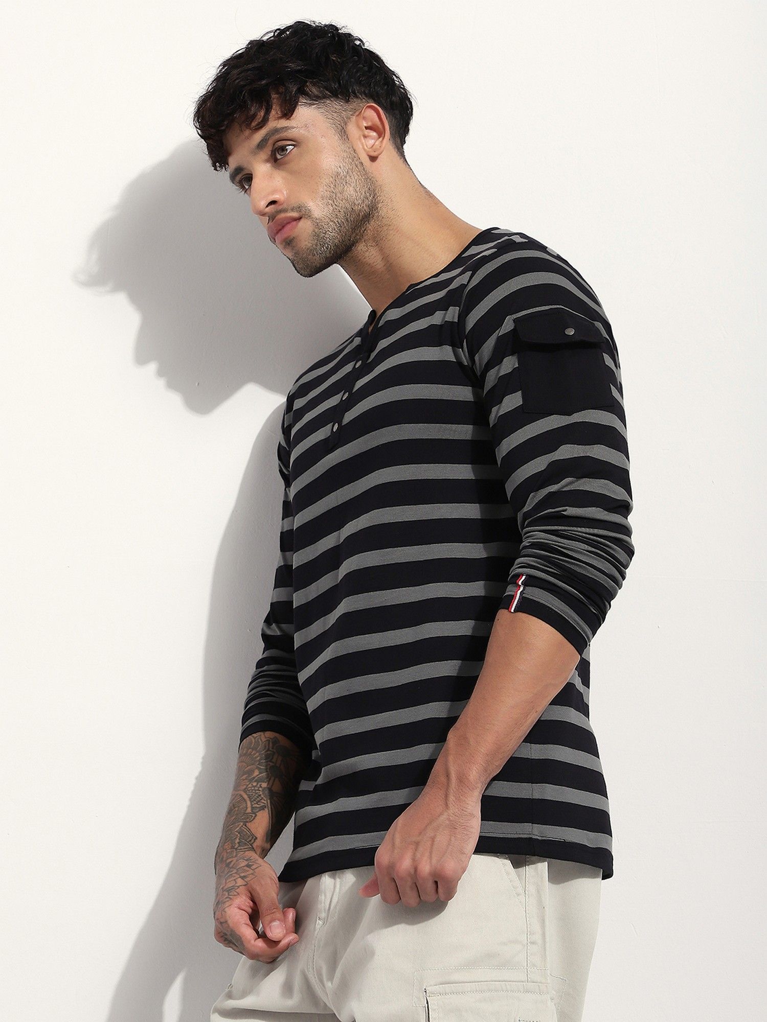Men Regular Fit Striped Long Sleeve Henley Grey T-Shirt