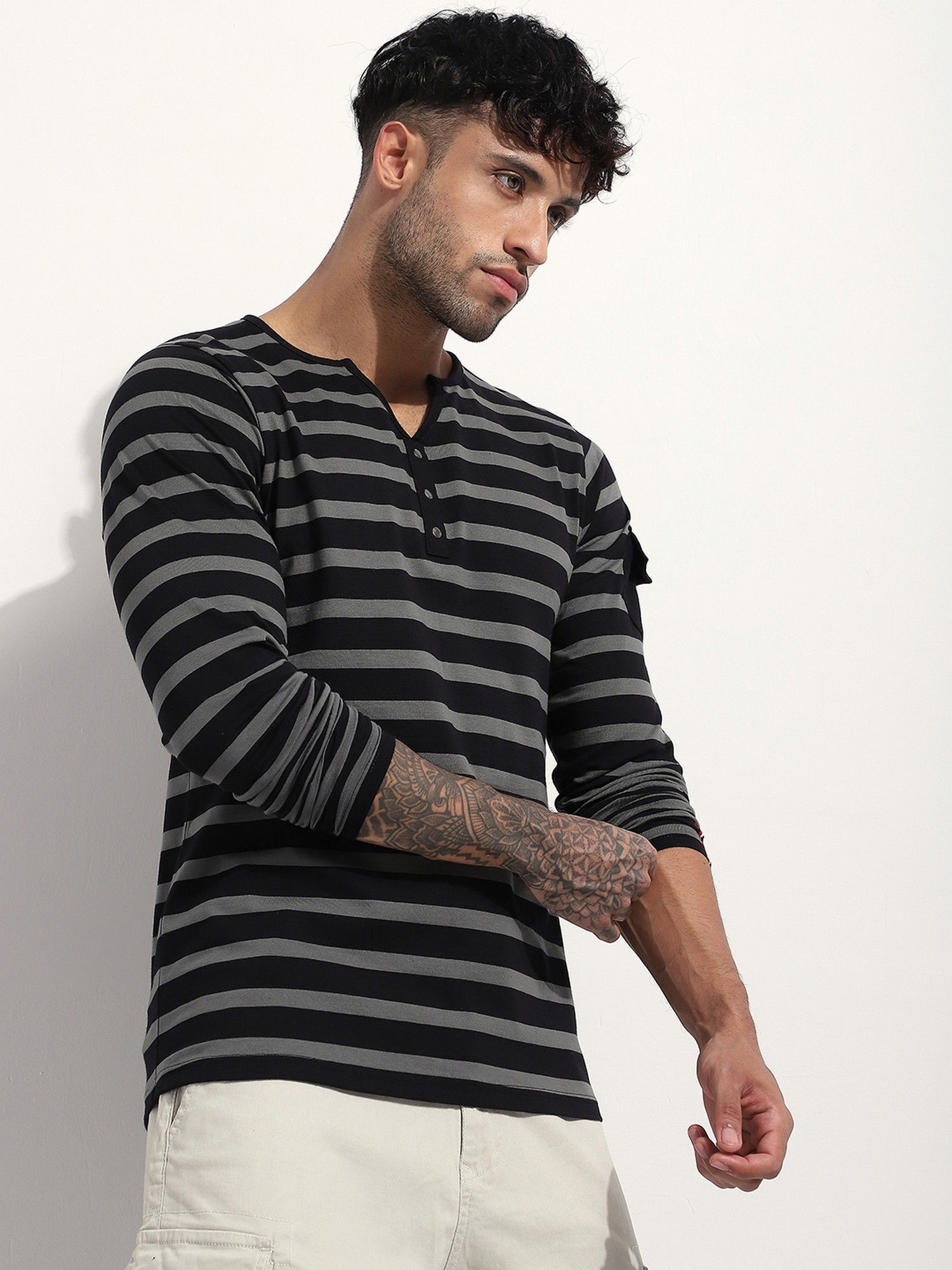 Men Regular Fit Striped Long Sleeve Henley Grey T-Shirt