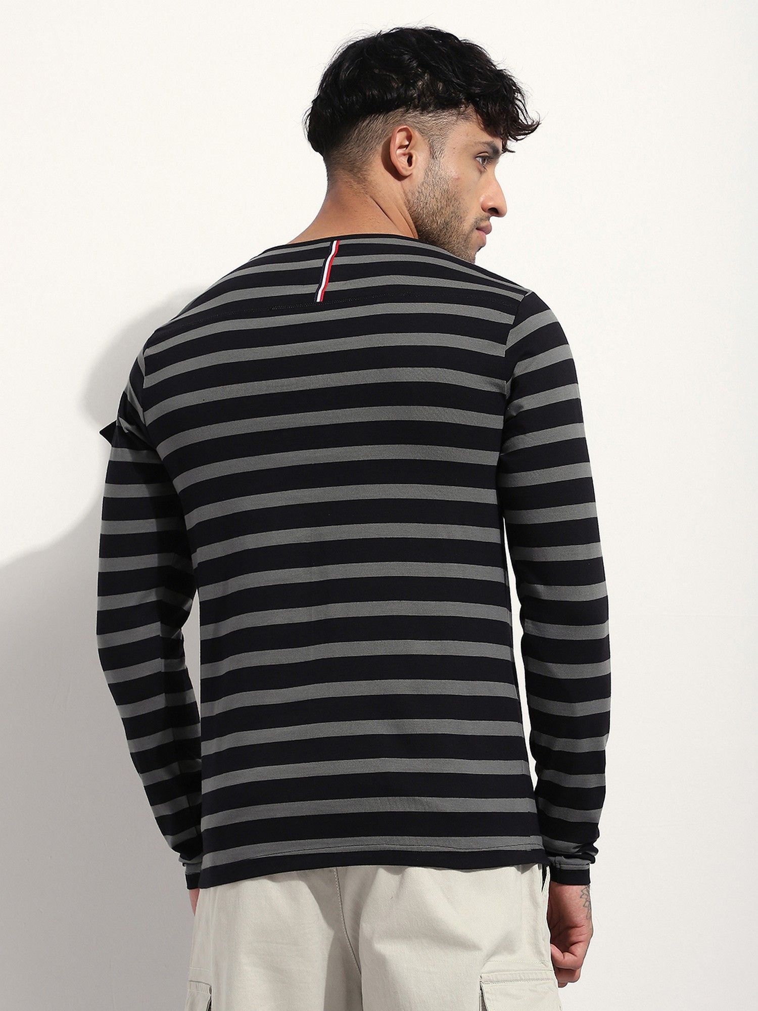 Men Regular Fit Striped Long Sleeve Henley Grey T-Shirt
