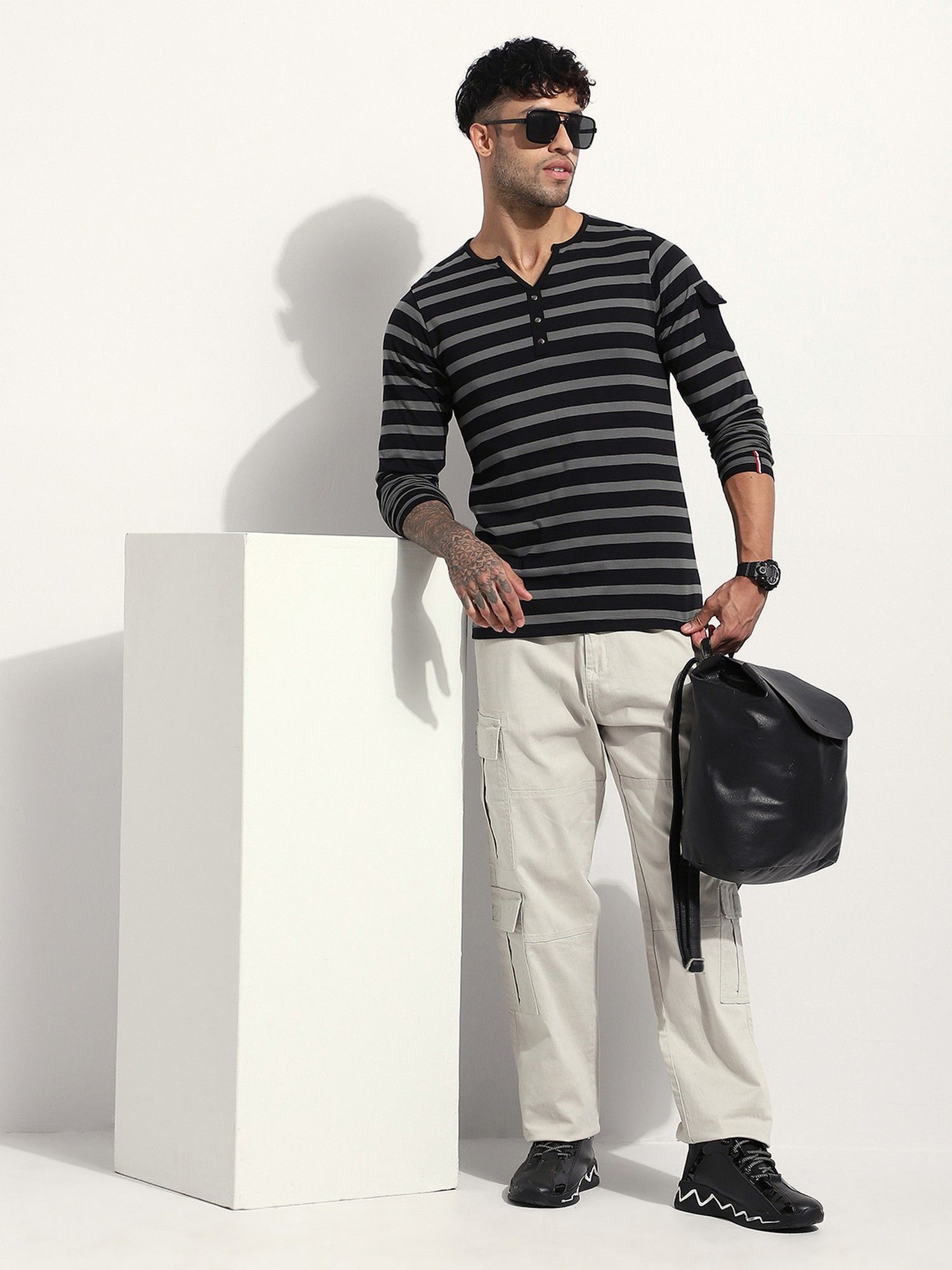 Men Regular Fit Striped Long Sleeve Henley Grey T-Shirt