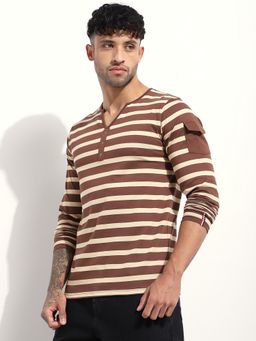 DILLINGER - Men Regular Fit Striped Long Sleeve Henley Cream T-Shirt