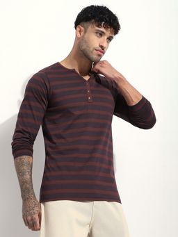 DILLINGER - Men Regular Fit Striped Long Sleeve Henley Brown T-Shirt