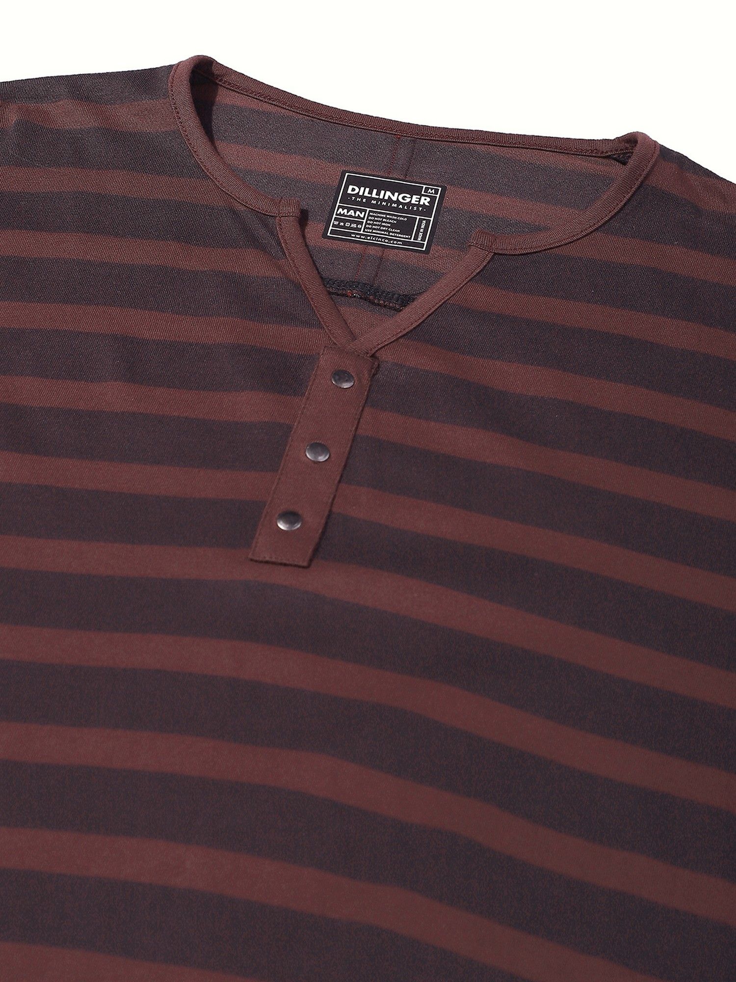 Men Regular Fit Striped Long Sleeve Henley Brown T-Shirt
