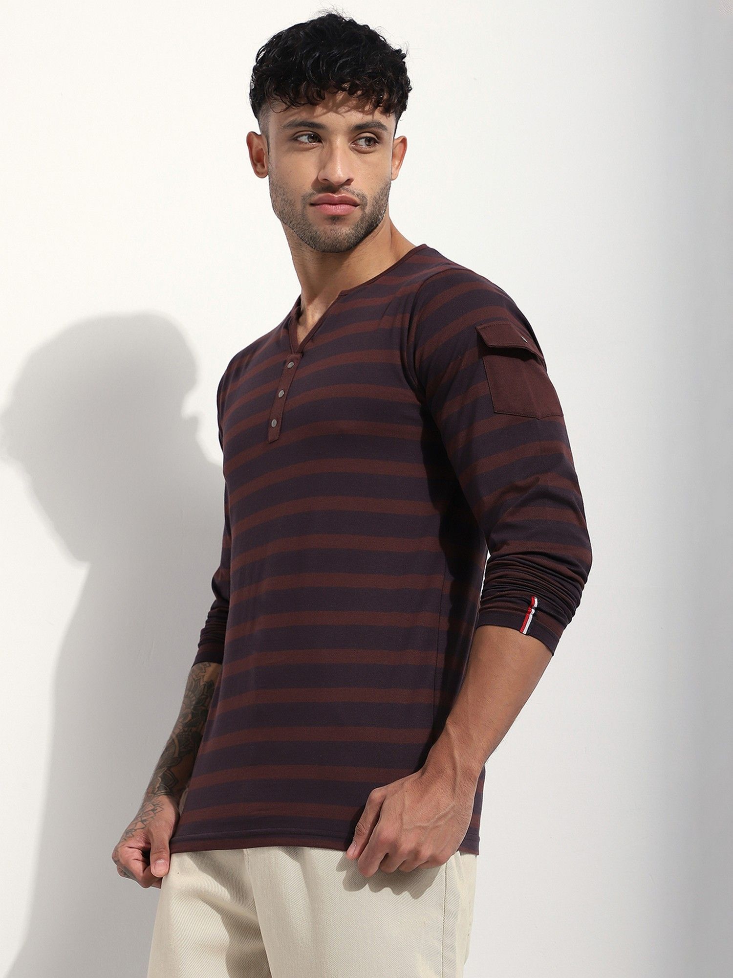 Men Regular Fit Striped Long Sleeve Henley Brown T-Shirt