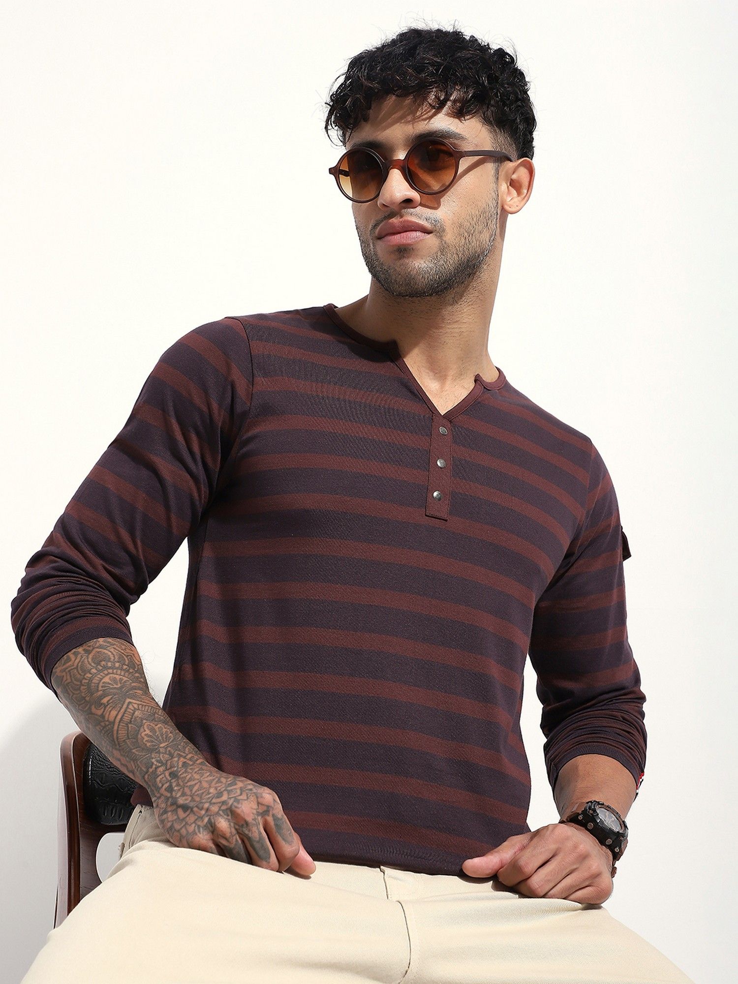 Men Regular Fit Striped Long Sleeve Henley Brown T-Shirt