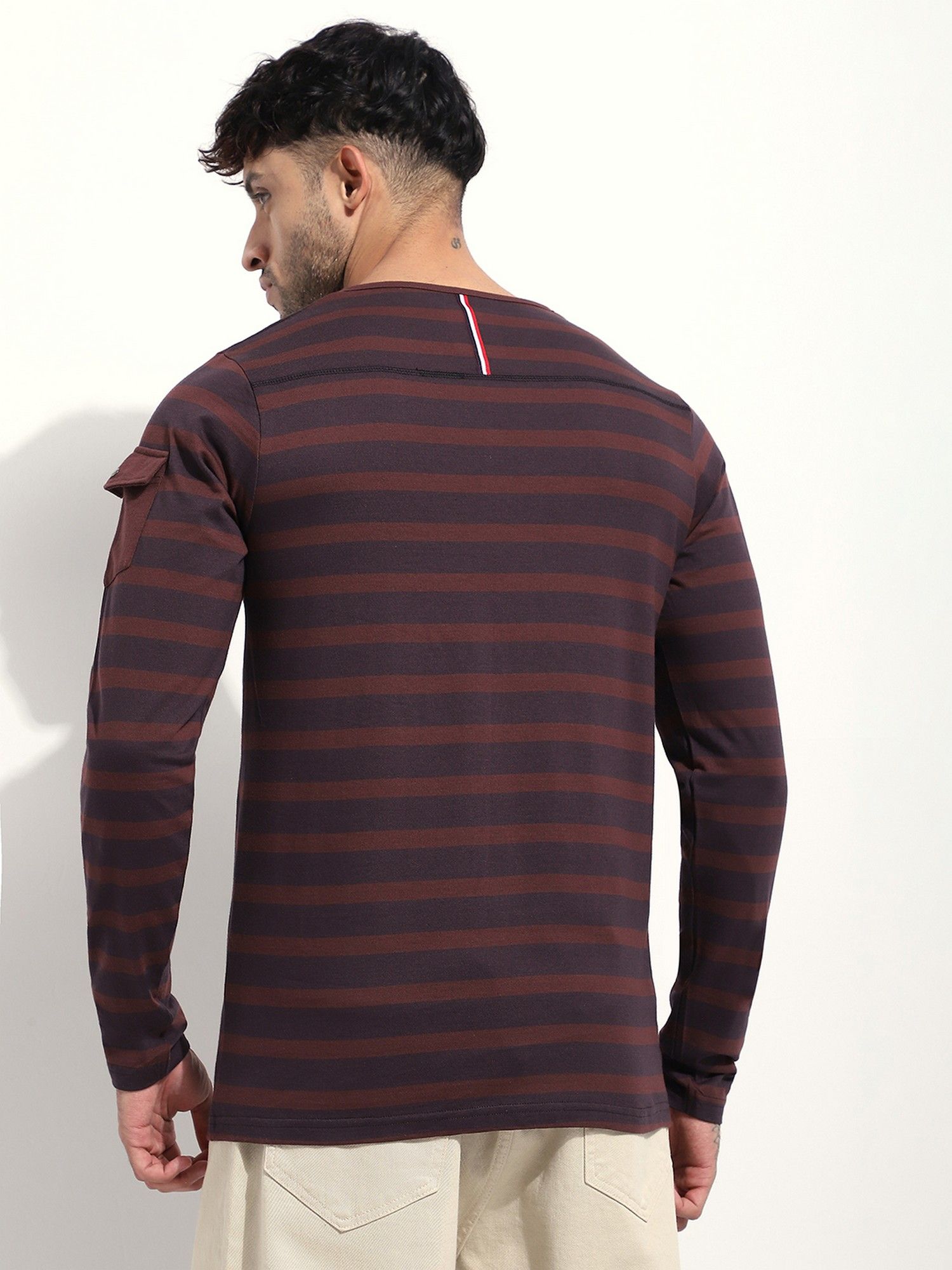 Men Regular Fit Striped Long Sleeve Henley Brown T-Shirt