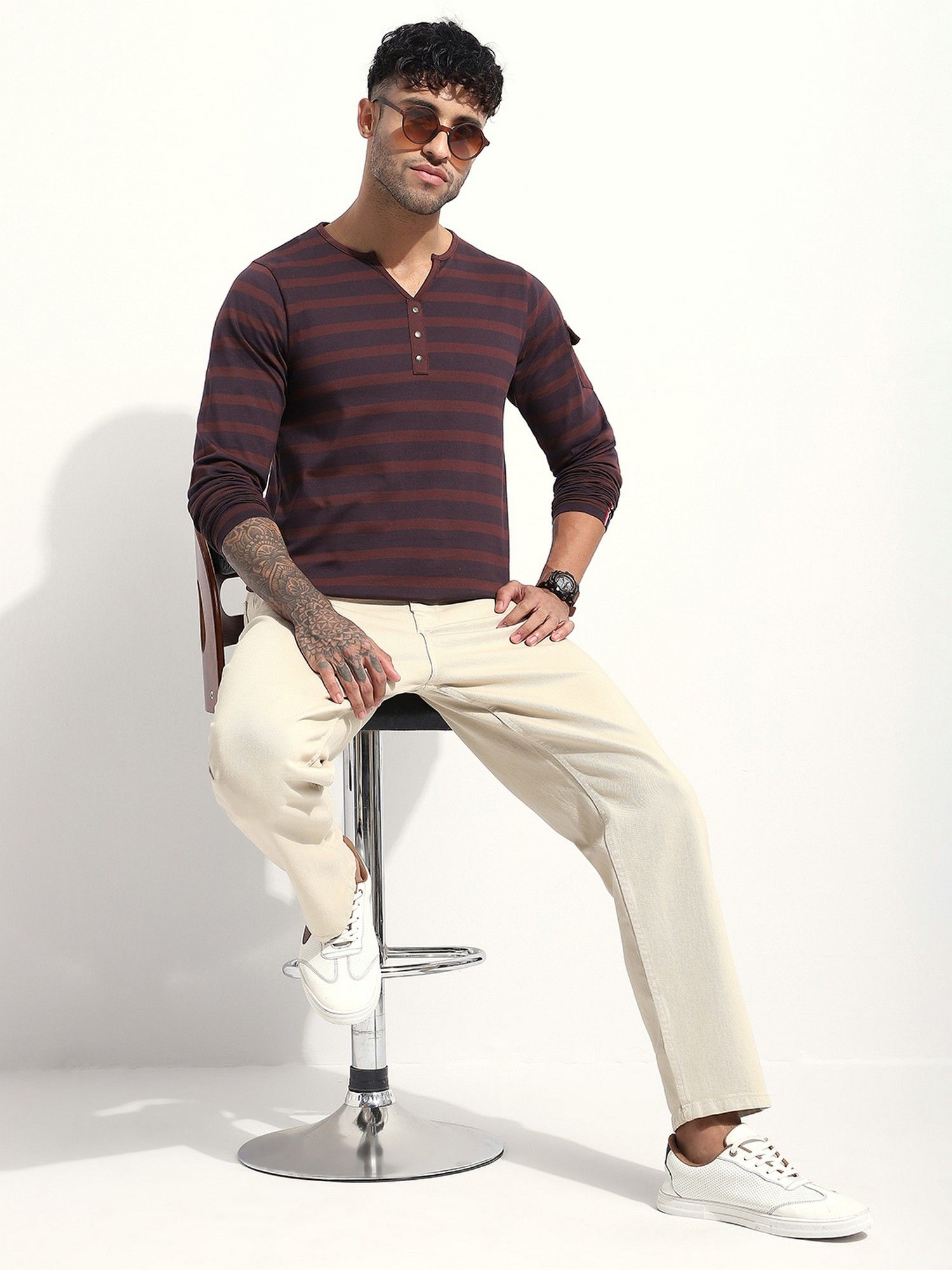 Men Regular Fit Striped Long Sleeve Henley Brown T-Shirt