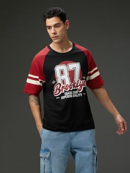 DILLINGER - Men Round Neck Raglan Sleeve Printed Oversized Fit Black T-Shirt