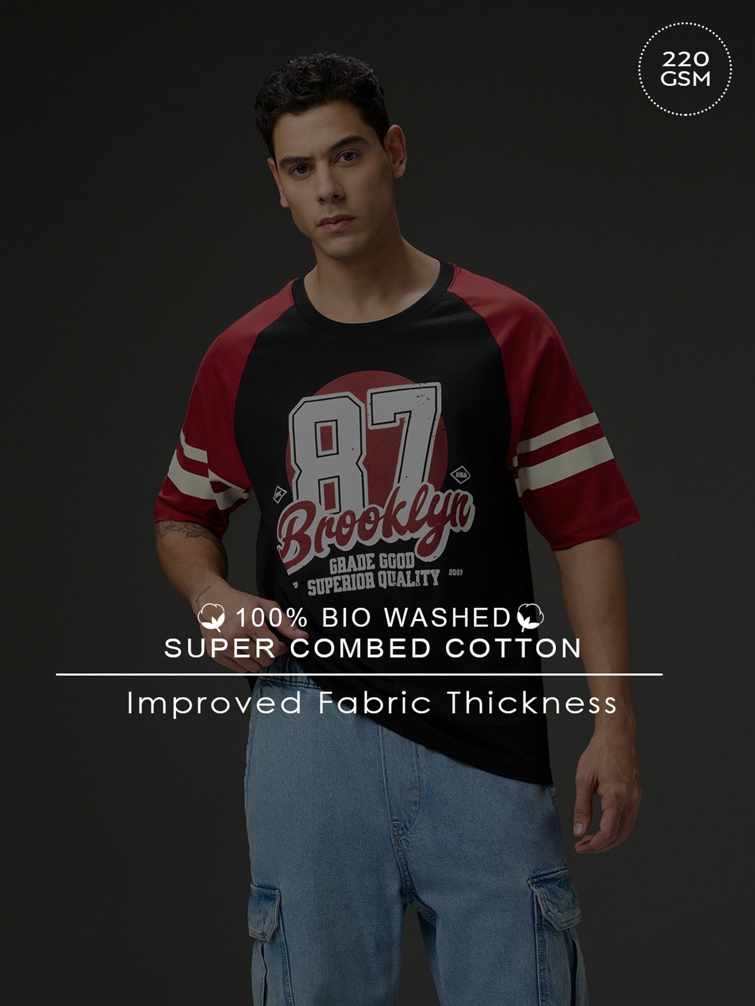 Men Round Neck Raglan Sleeve Printed Oversized Fit Black T-Shirt