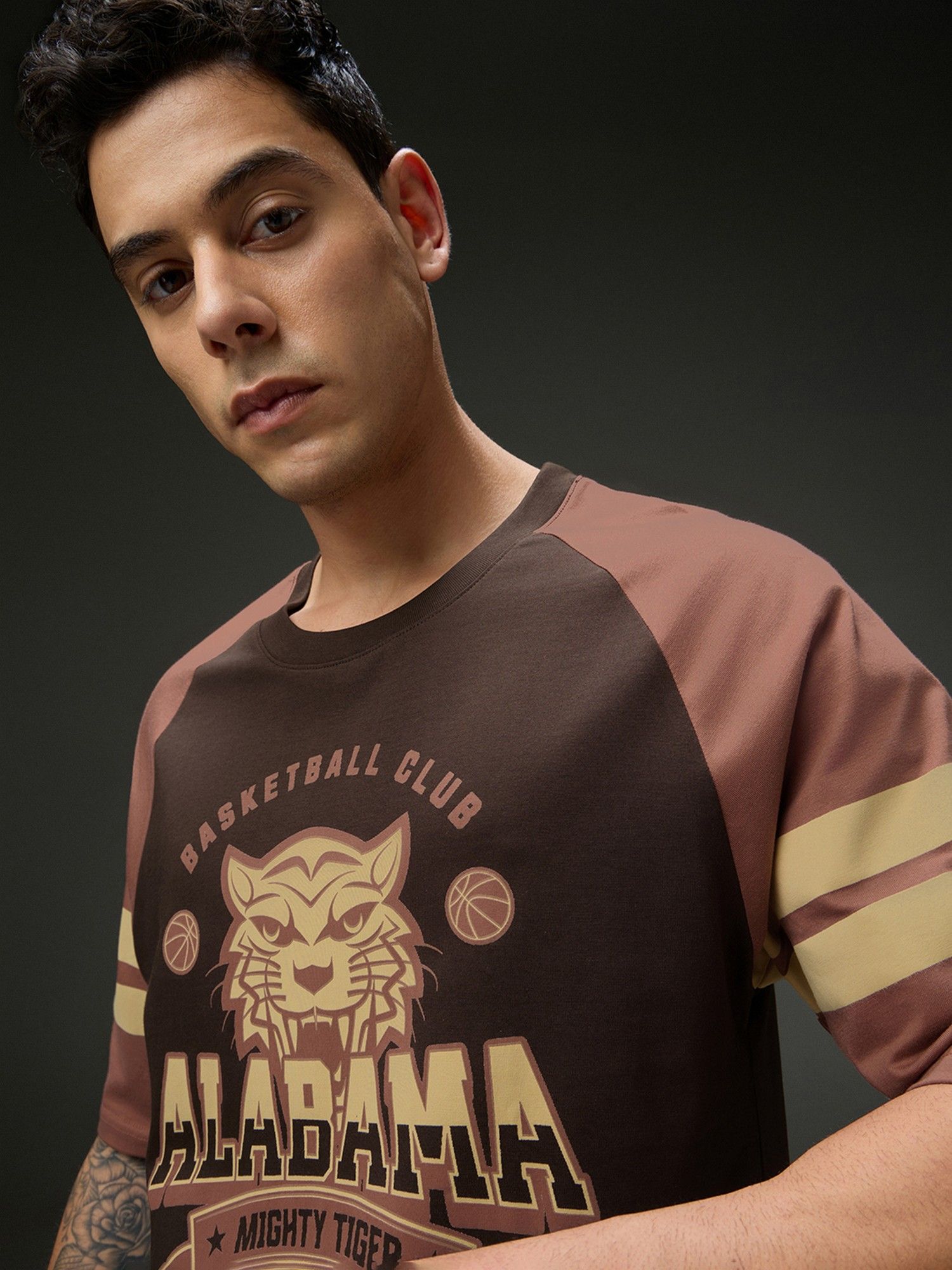 Men Round Neck Raglan Sleeve Printed Oversized Fit Brown T-Shirt