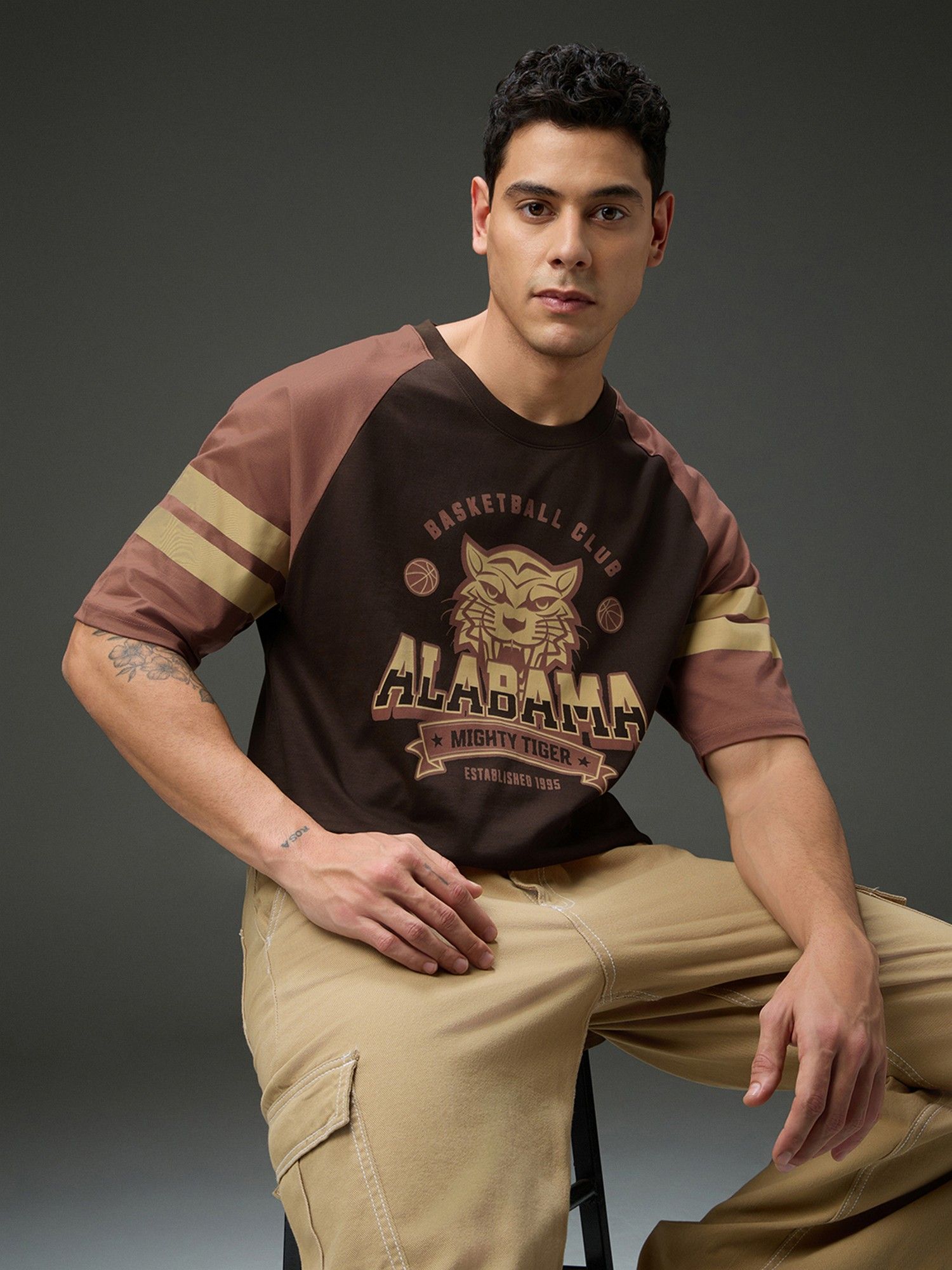 Men Round Neck Raglan Sleeve Printed Oversized Fit Brown T-Shirt