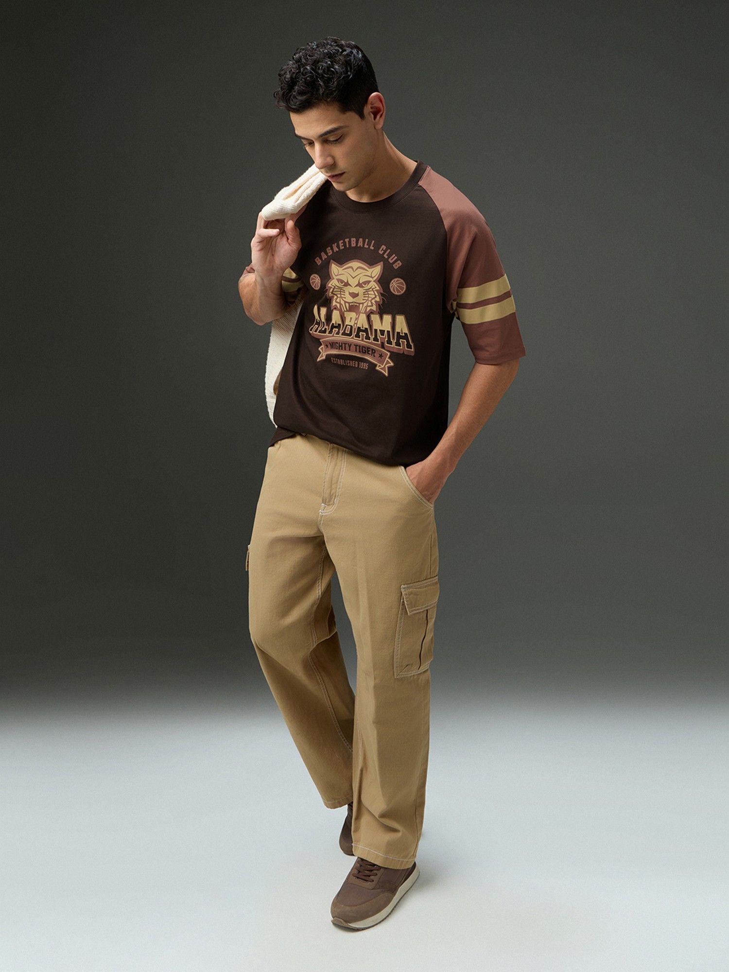 Men Round Neck Raglan Sleeve Printed Oversized Fit Brown T-Shirt