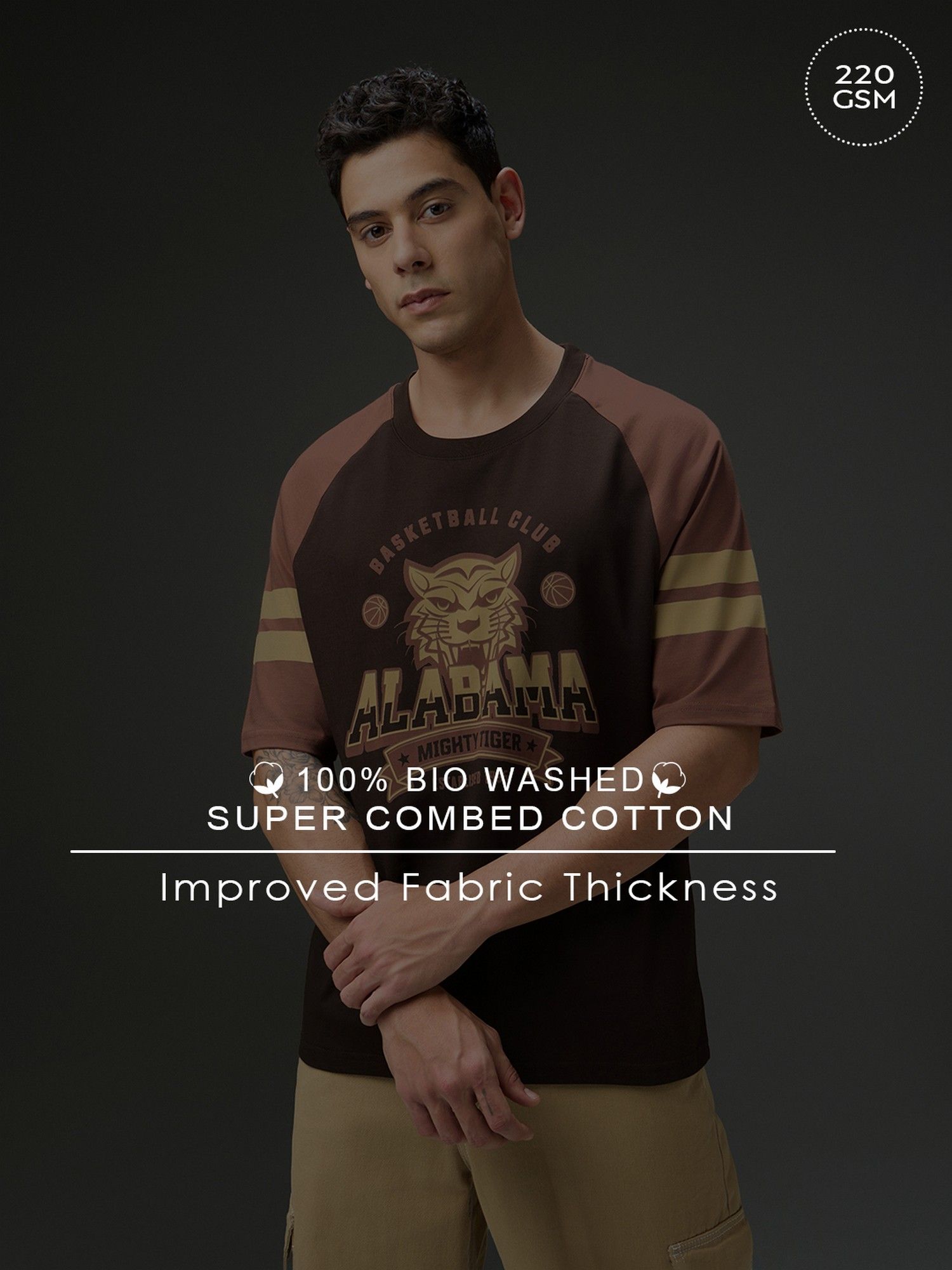 Men Round Neck Raglan Sleeve Printed Oversized Fit Brown T-Shirt