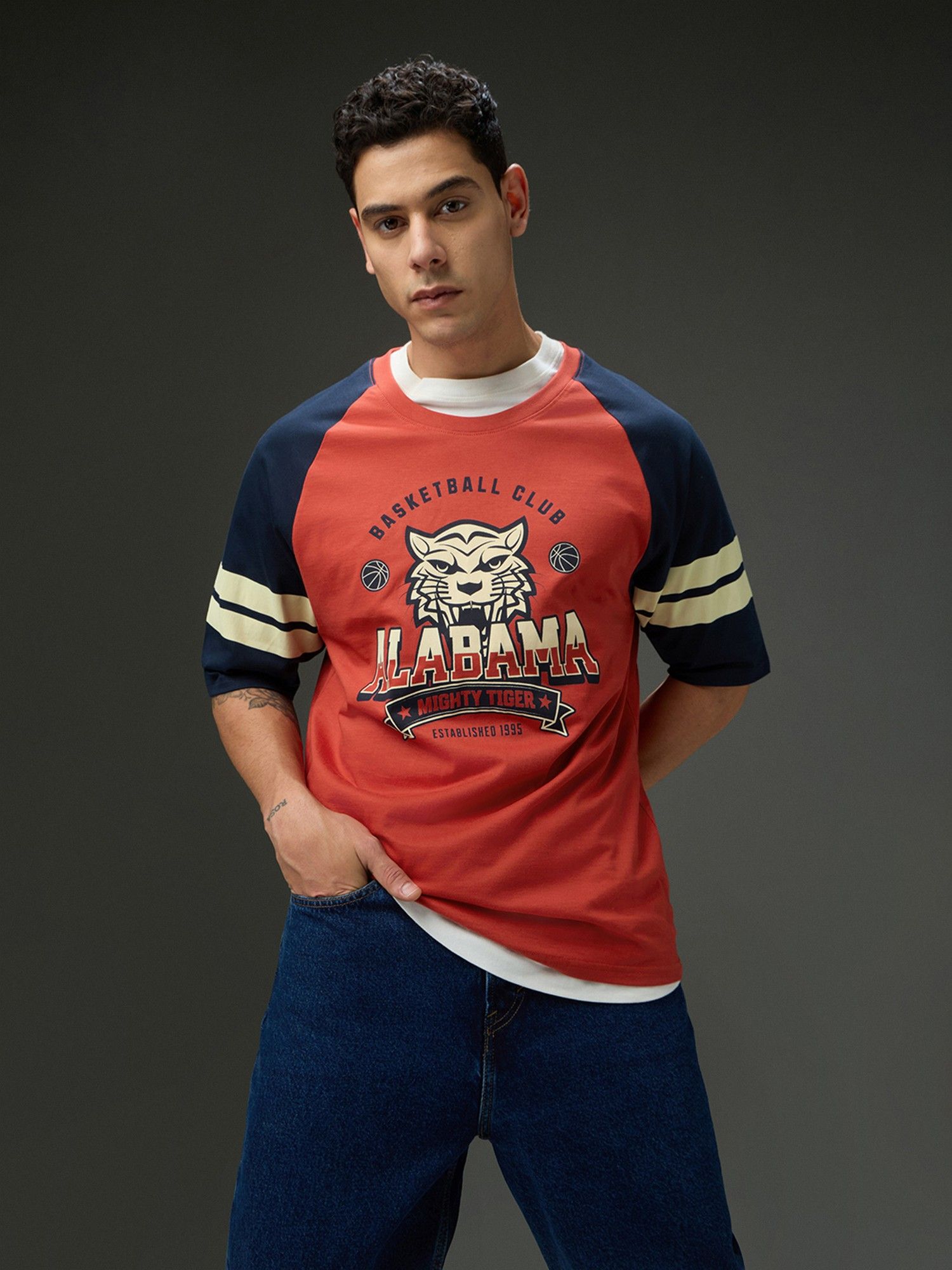 Men Round Neck Raglan Sleeve Red Printed Oversized Fit T-Shirt
