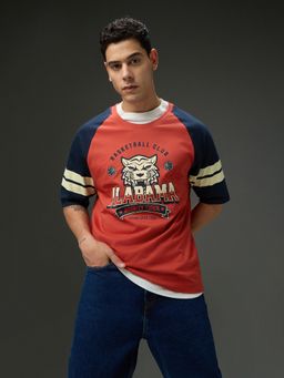 DILLINGER - Men Round Neck Raglan Sleeve Red Printed Oversized Fit T-Shirt