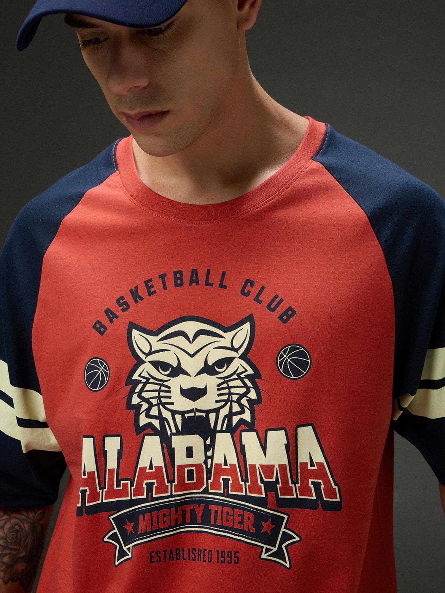 Men Round Neck Raglan Sleeve Red Printed Oversized Fit T-Shirt