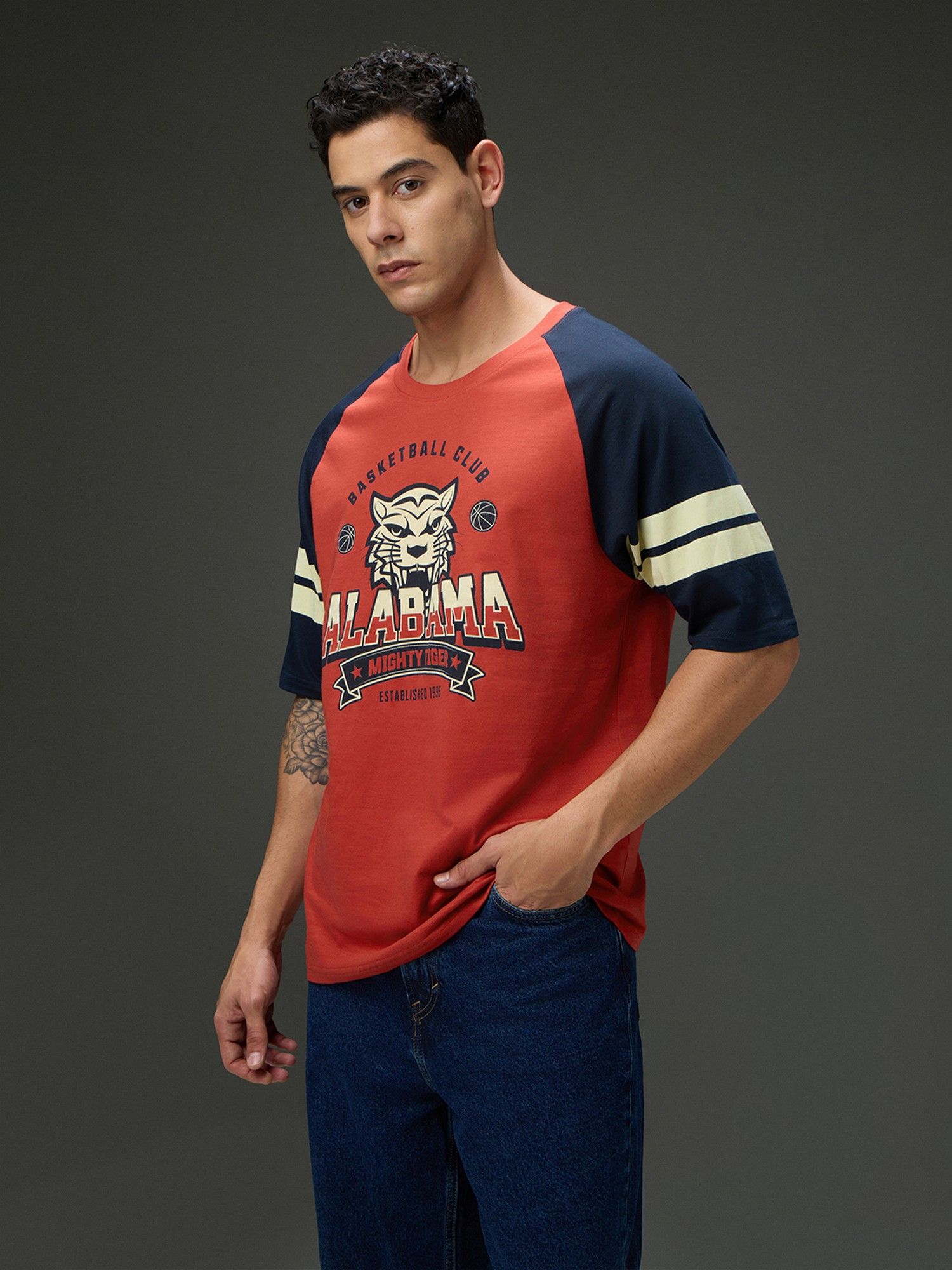 Men Round Neck Raglan Sleeve Red Printed Oversized Fit T-Shirt