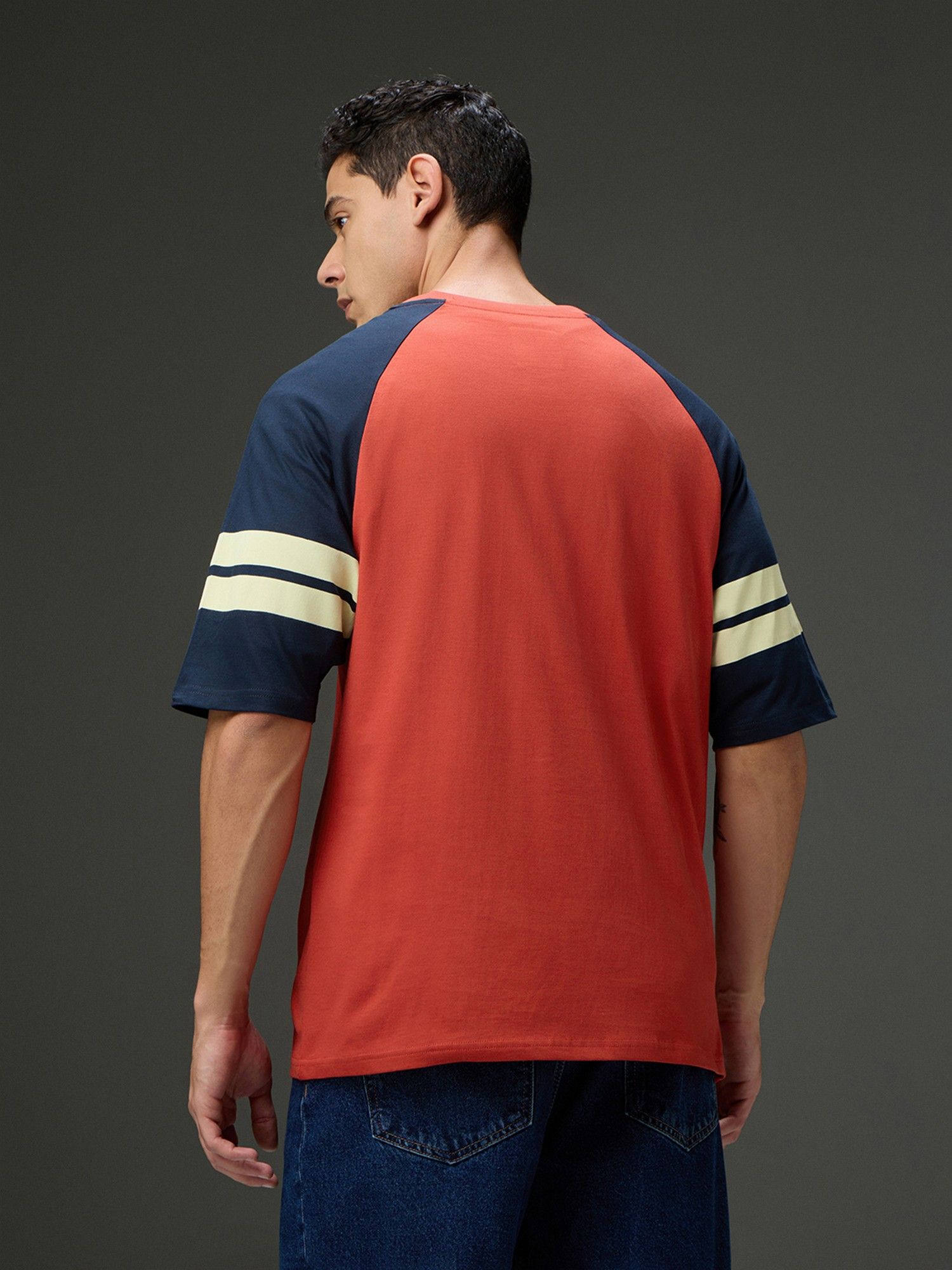 Men Round Neck Raglan Sleeve Red Printed Oversized Fit T-Shirt