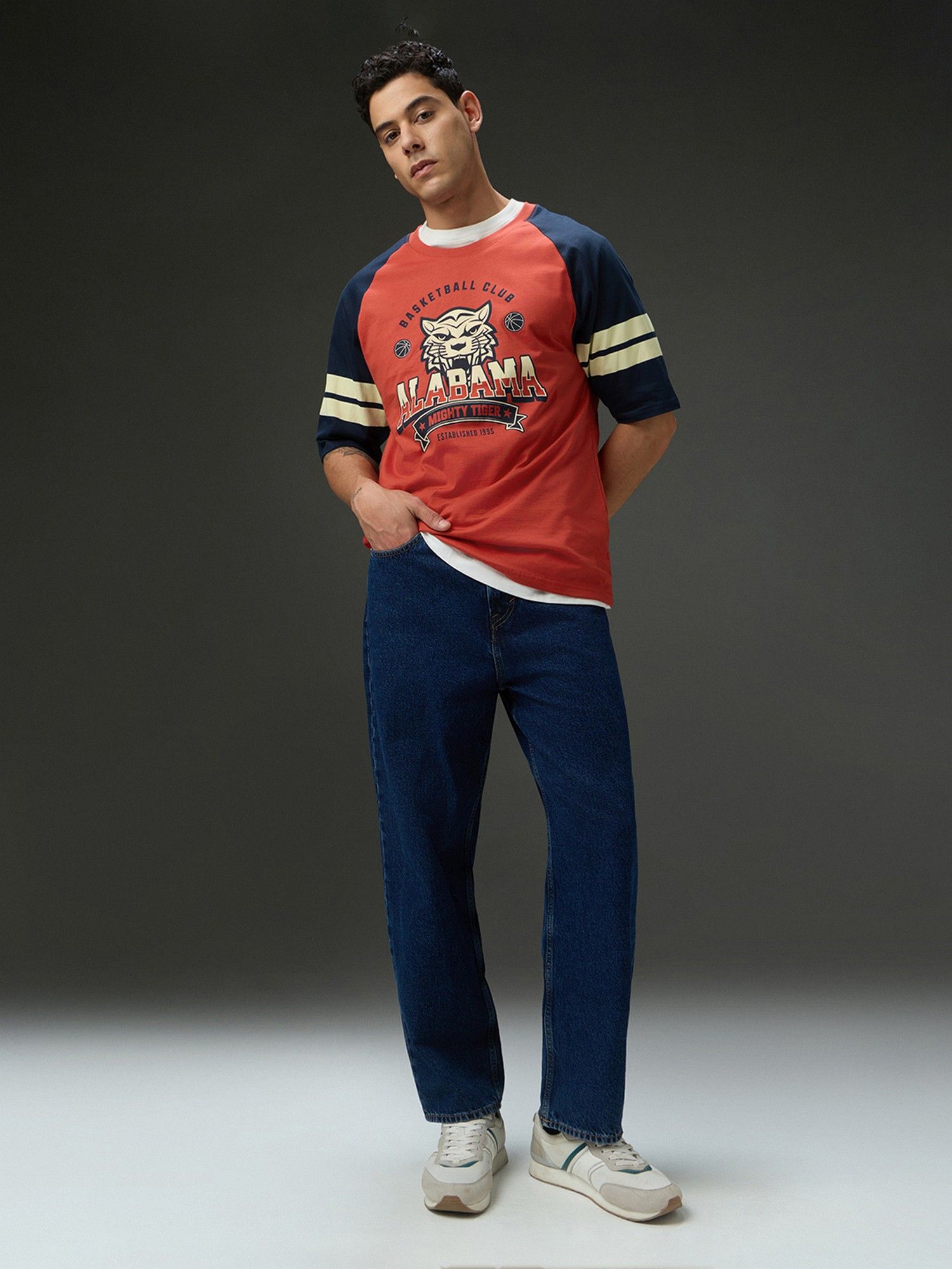 Men Round Neck Raglan Sleeve Red Printed Oversized Fit T-Shirt