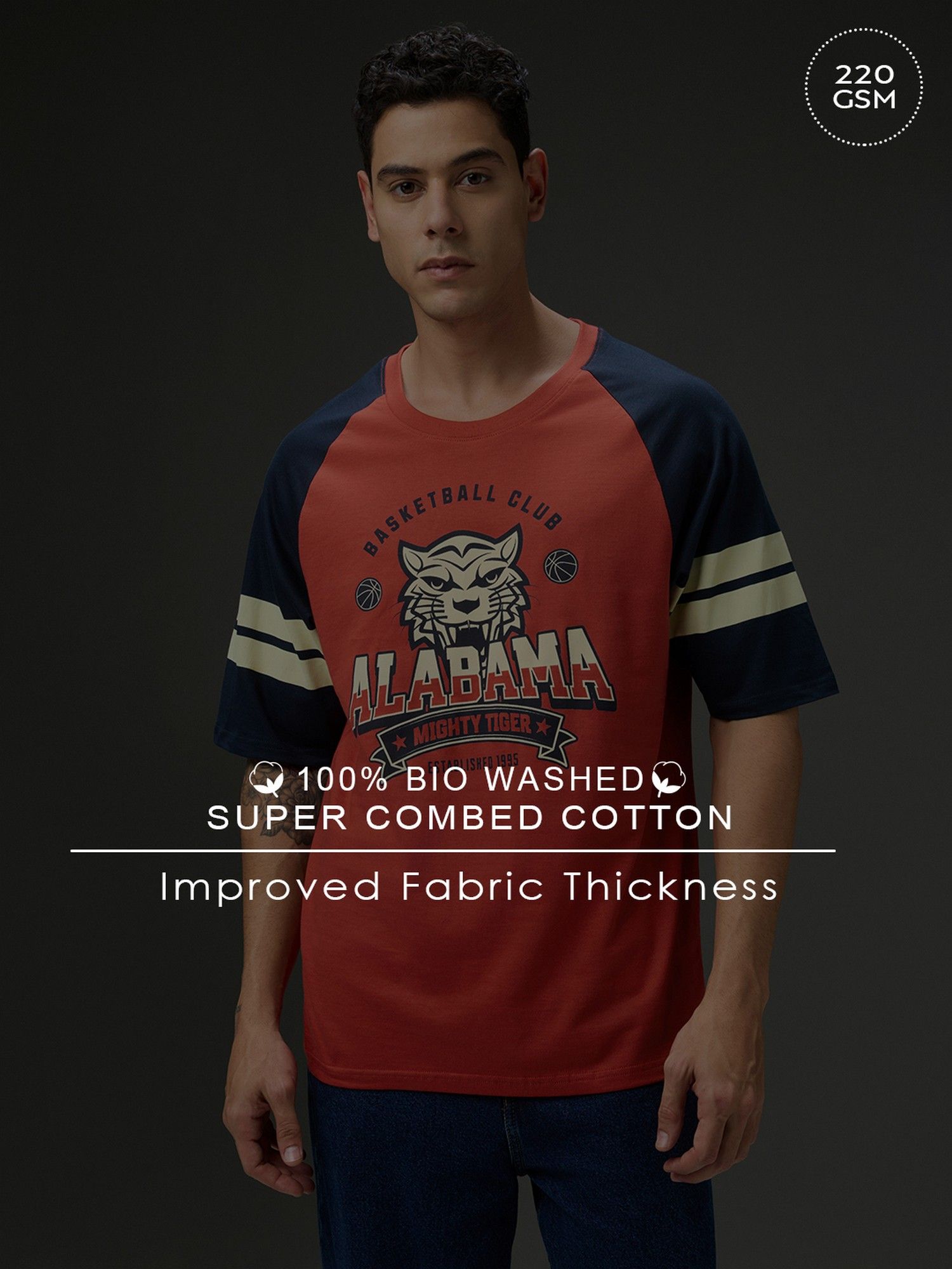 Men Round Neck Raglan Sleeve Red Printed Oversized Fit T-Shirt
