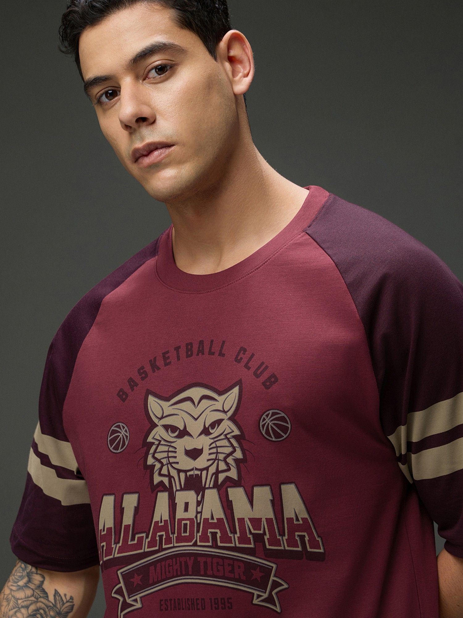 Men Round Neck Raglan Sleeve Maroon Printed Oversized Fit T-Shirt