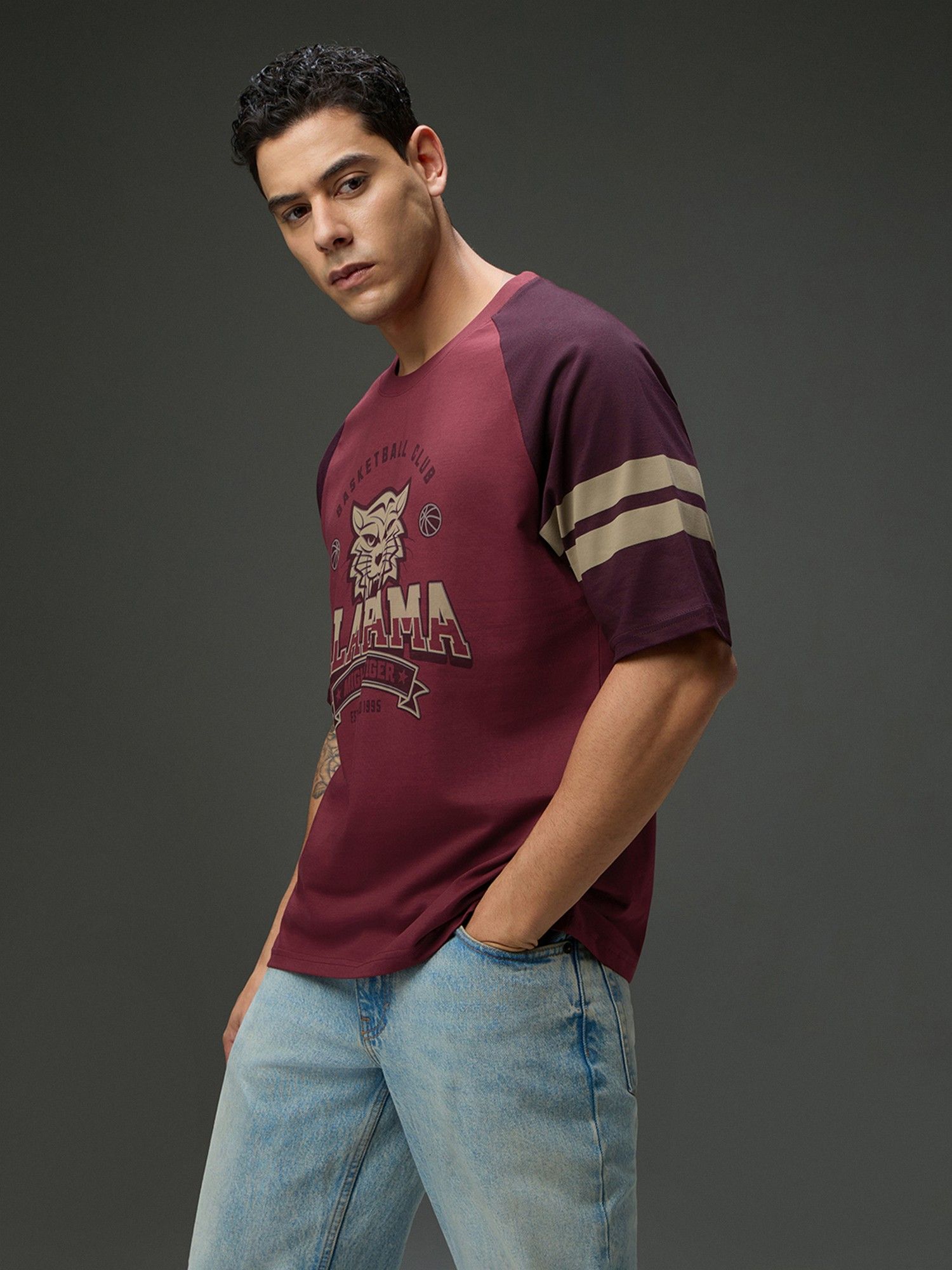 Men Round Neck Raglan Sleeve Maroon Printed Oversized Fit T-Shirt