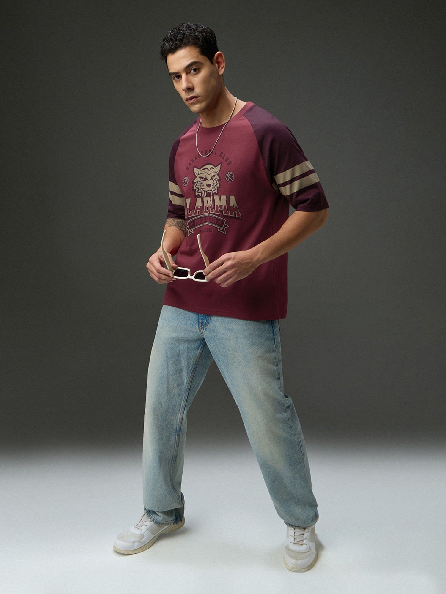 Men Round Neck Raglan Sleeve Maroon Printed Oversized Fit T-Shirt