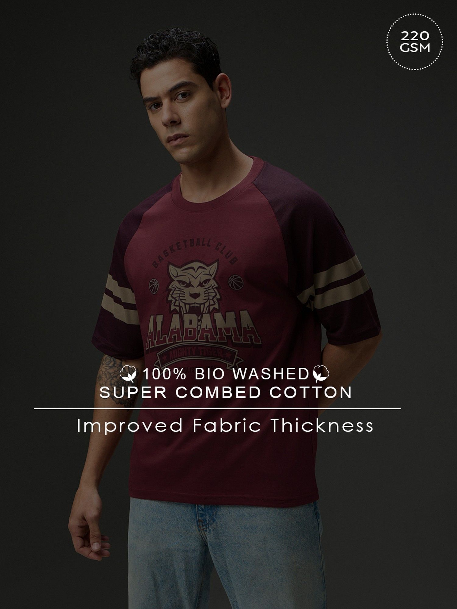 Men Round Neck Raglan Sleeve Maroon Printed Oversized Fit T-Shirt