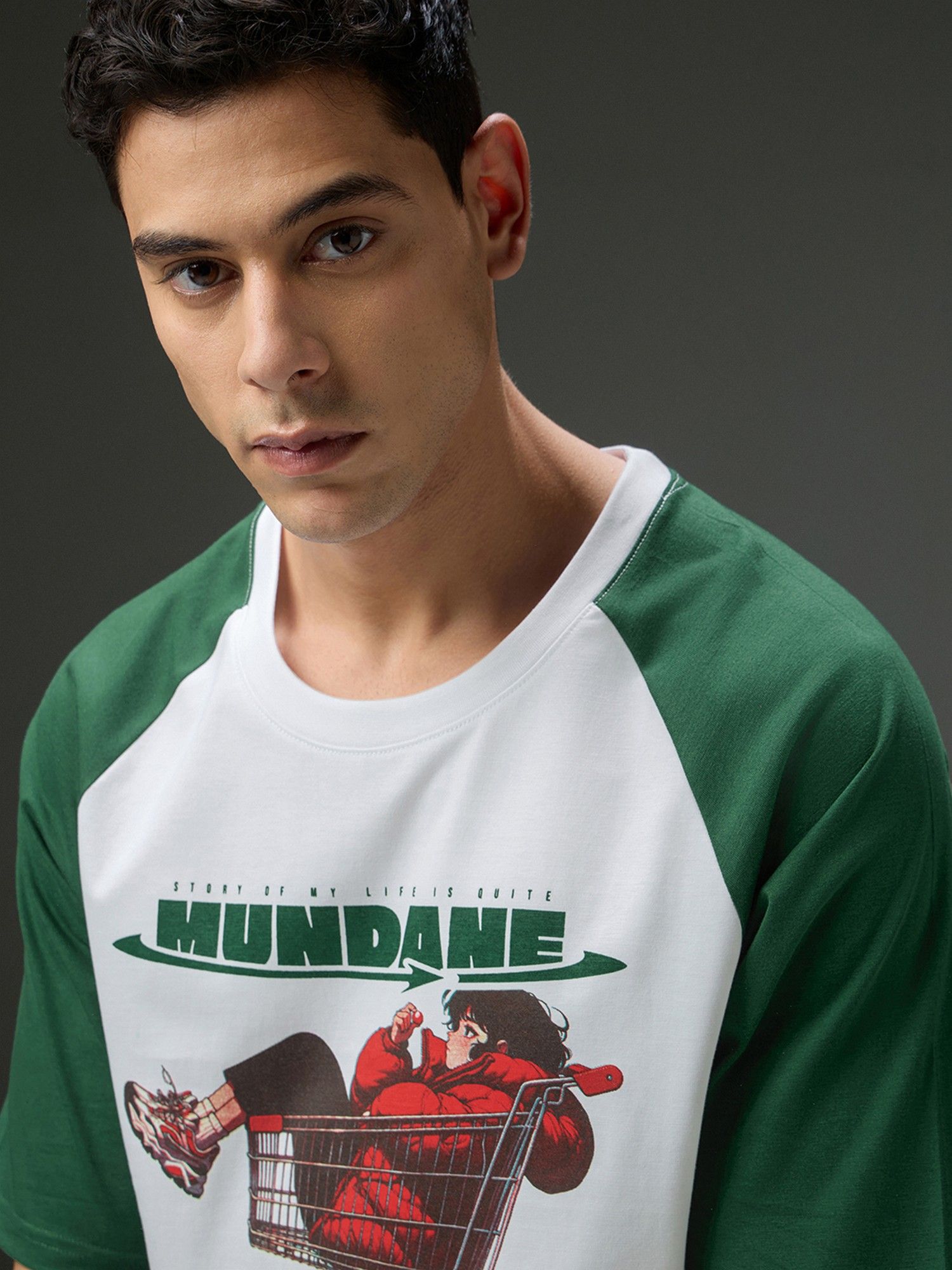 Men Round Neck Raglan Sleeve White Printed Oversized Fit T-Shirt